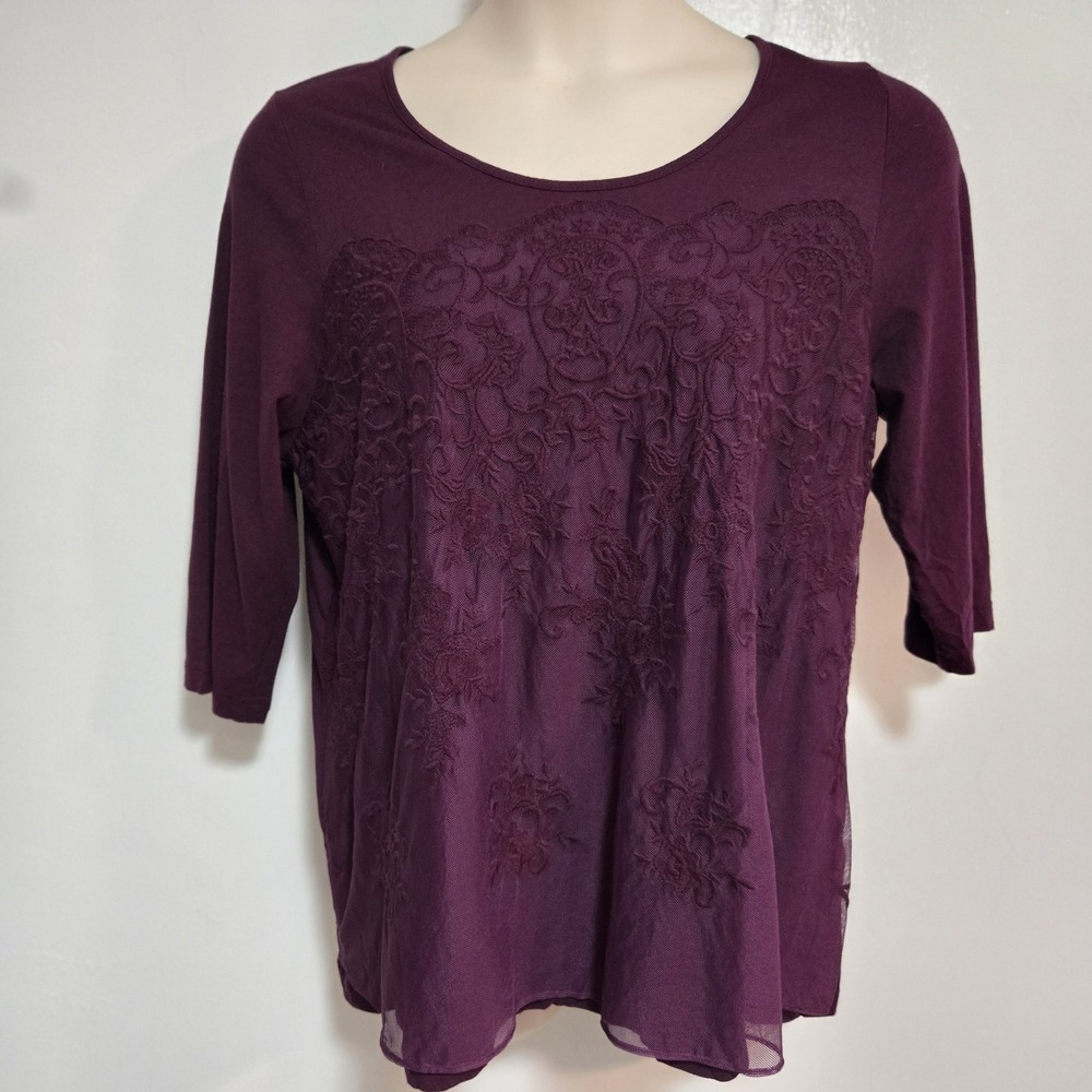 Catherine's Plus Petite Size 0X Burgundy Lace Overlay Scoop Nck Elbow Sleeve Top